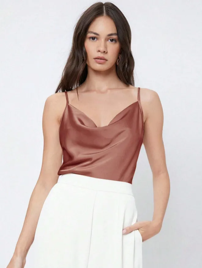 Womens Solid-Color Casual Rayon Satin Camisole - Brown