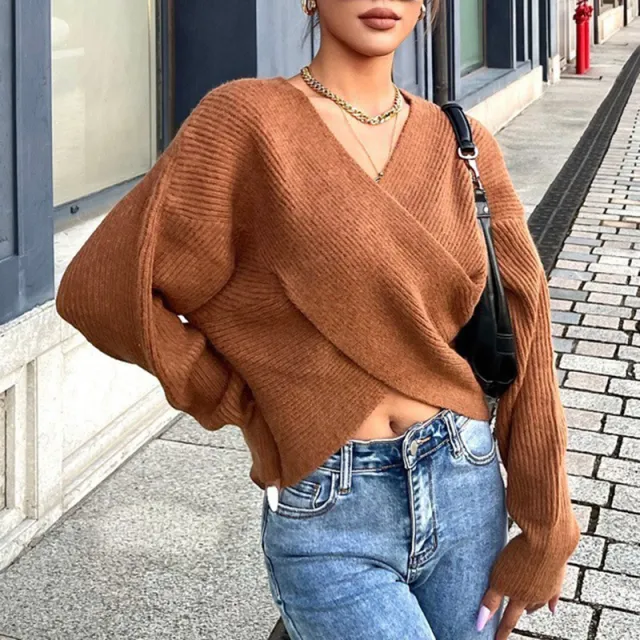 European And American Autumn And Winter V neck Cross Navel Jersey Brown - Shop at LoveMi