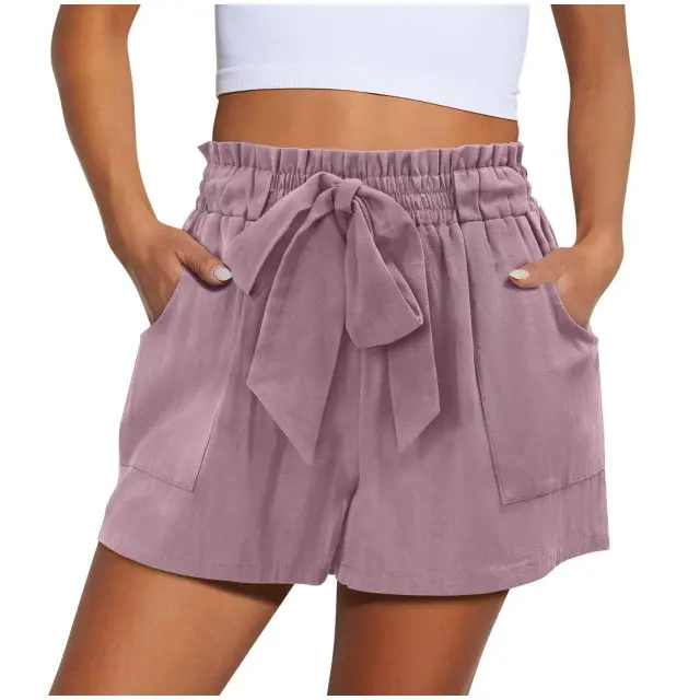 Summer New Elastic Waist Drawstring Knotted Short Solid Color Casual Women Purple - Shop at LoveMi
