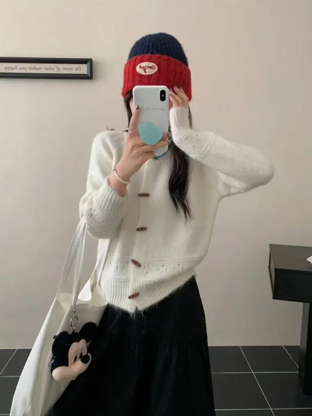 Atmosphere Horn Button Solid Color Soft Glutinous Knitted Cardigan White - Shop at LoveMi