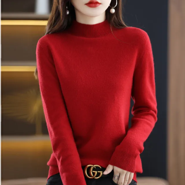 Turtleneck Pullover Women's Solid Color Loose Bottoming Sweater Cherry Red - Shop at LoveMi