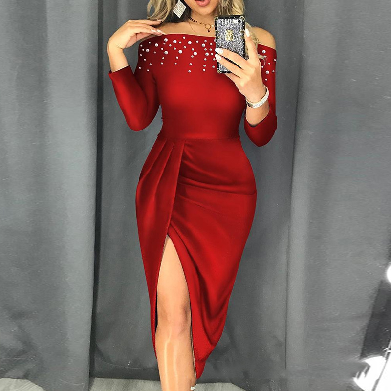 European And American New Off-shoulder Bubble Beads Split Dress