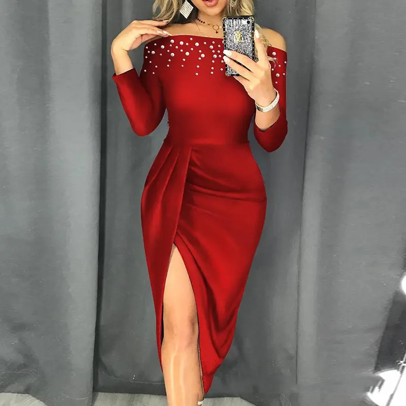 European And American New Off-shoulder Bubble Beads Split Dress