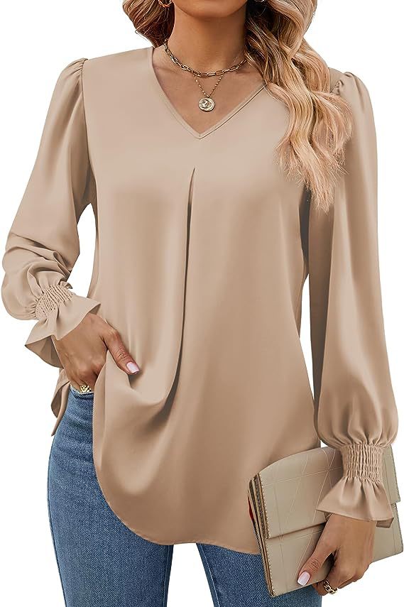 Women's Fashion Casual Solid Color Chiffon Shirt V-neck Long Sleeve Top - Image 11