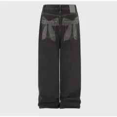 Washed And Worn Wide Leg Jeans With Bow Print At The Back - Black - View 1