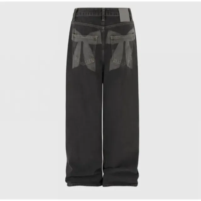Washed And Worn Wide Leg Jeans With Bow Print At The Back Black - Shop at LoveMi