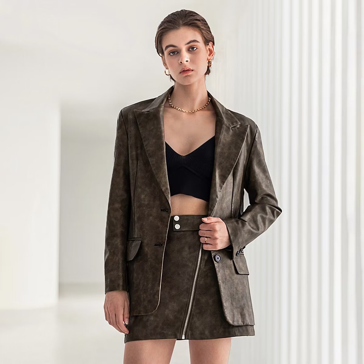 Washed Leather Blazer And High-waisted Skirt Set For Women