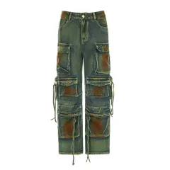 Retro Colour Blooming Multi-pocket Loose Cargo Denim Trousers - Colour-Xs - View 1
