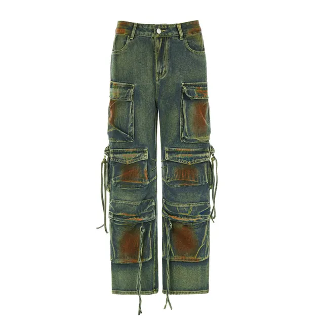 Retro Color Blooming Multi pocket Loose Cargo Denim Trousers Color Xs - Shop at LoveMi