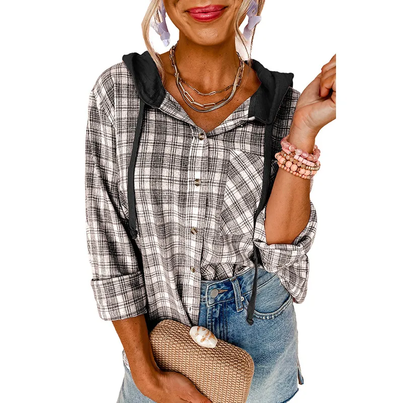 European And American Leisure Printed Checks Hooded Shirt Jacket - Black