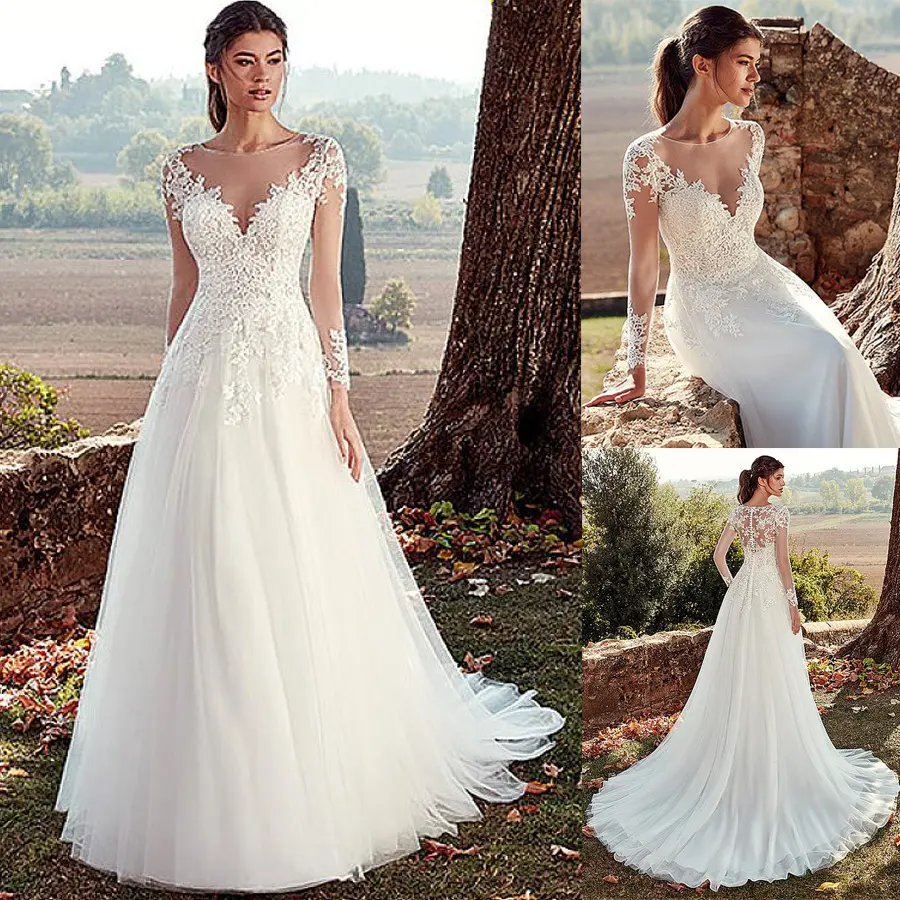 High U-neck Lace Long Sleeve A- Line Tail Simple