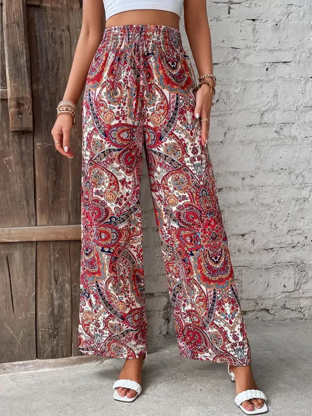 Retro Casual Pants High waisted Trousers Women Red Flower - Shop at LoveMi
