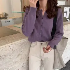 Fashion Round Neck Knitted Cardigan Loose-fitting Outerwear Sweater Coat - Purple - View 1