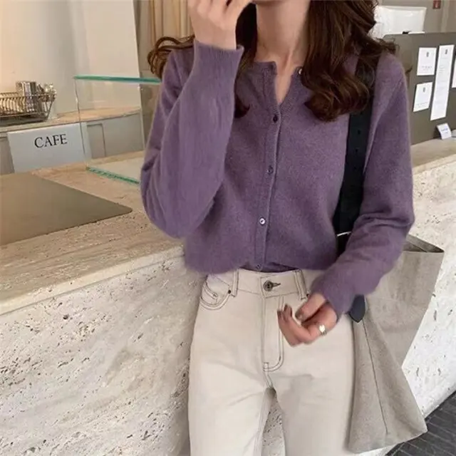 Fashion Round Neck Knitted Cardigan Loose fitting Outerwear Sweater Coat Purple - Shop at LoveMi