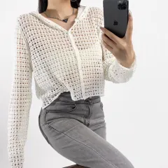 Summer Coat Knitted Hollow-out Hooded Blouse Sun Protection For Women - White - View 1