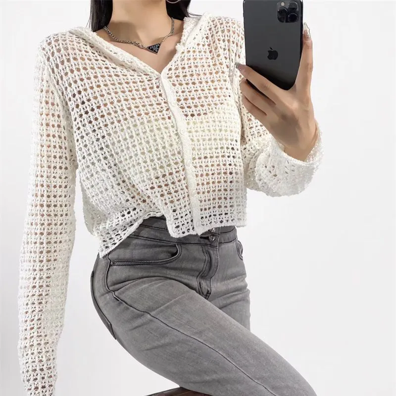 Summer Coat Knitted Hollow-out Hooded Blouse Sun Protection For Women - White