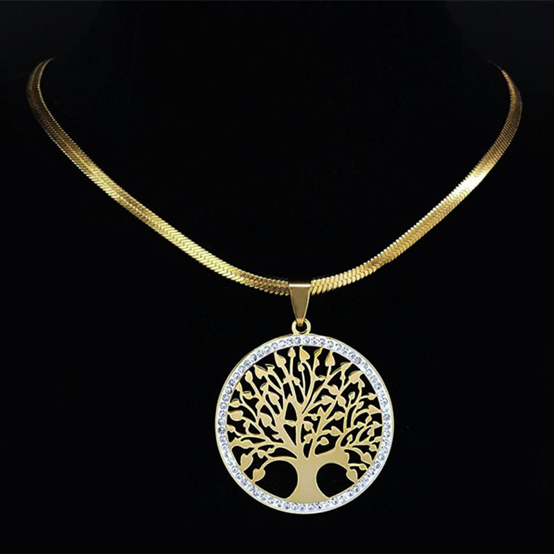 Tree Of Life Stainless Steel Necklace Women's Gold Rhinestone Necklace