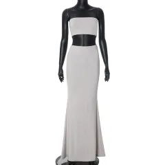 European And American Leisure Pure Color Tube-top High Waist Tight Half-length Dress Two-piece Suit - Gray - View 1