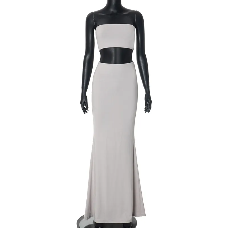 European And American Leisure Pure Colour Tube-top High Waist Tight Half-length Dress Two-piece Suit - Grey