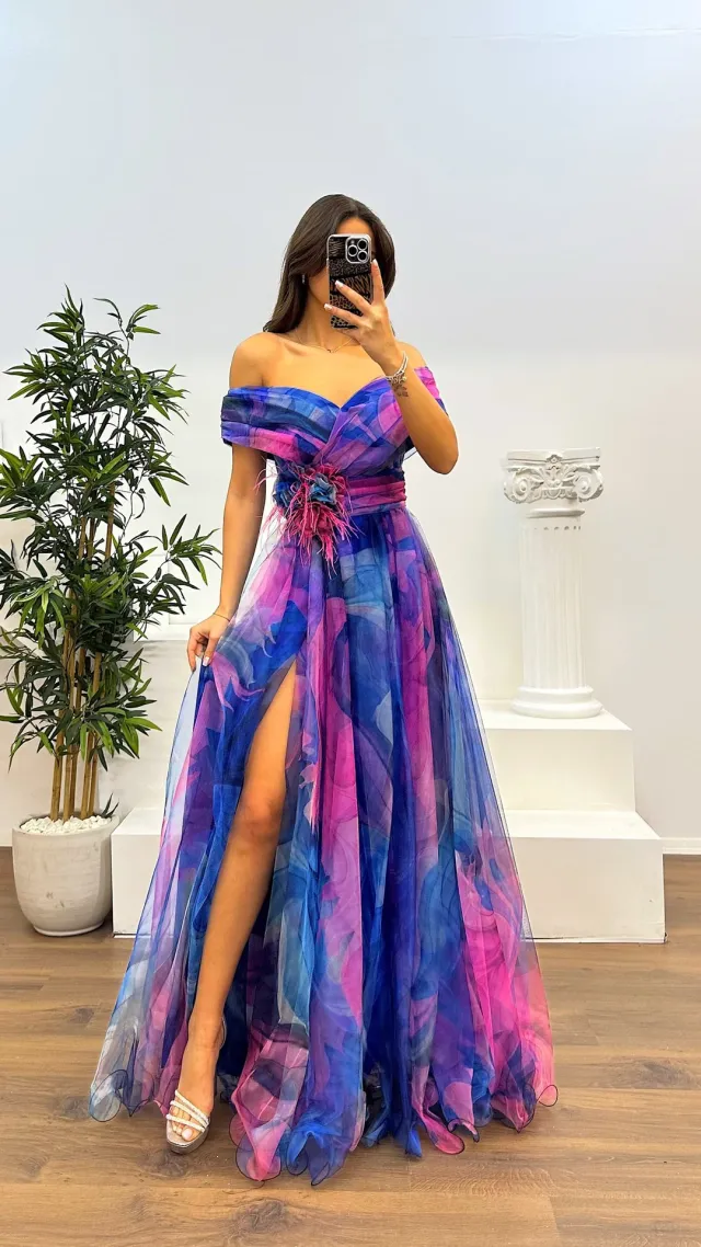 Voile Printed Party Dress INS Casual Fashion Blue Rose Feather - Shop at LoveMi