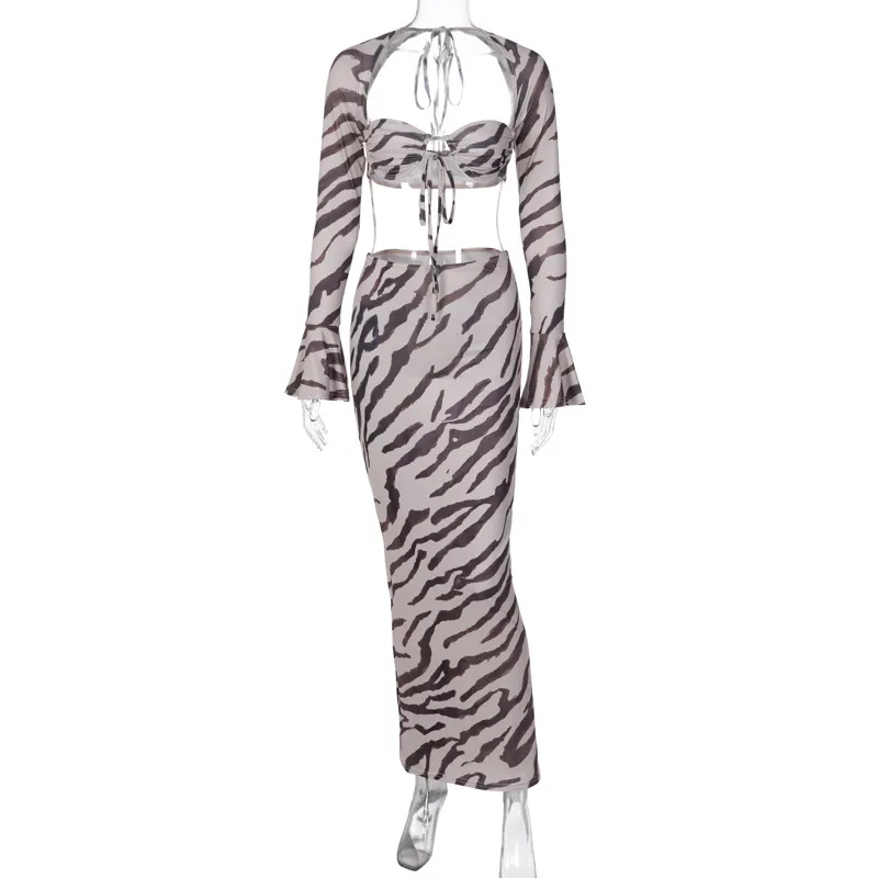 Printed Long-sleeved Top Slim Skirt Suit - Zebra Stripes