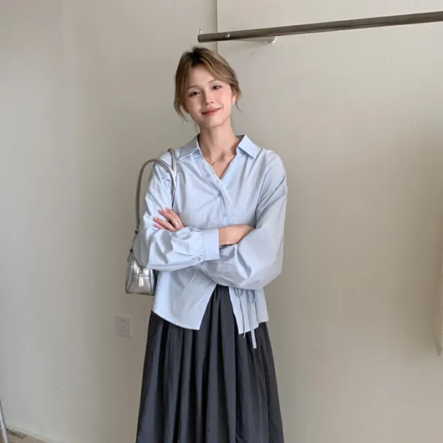 Womens Solid Color Korean Style French Elegance Lace Trimmed Shirt Blue - Shop at LoveMi