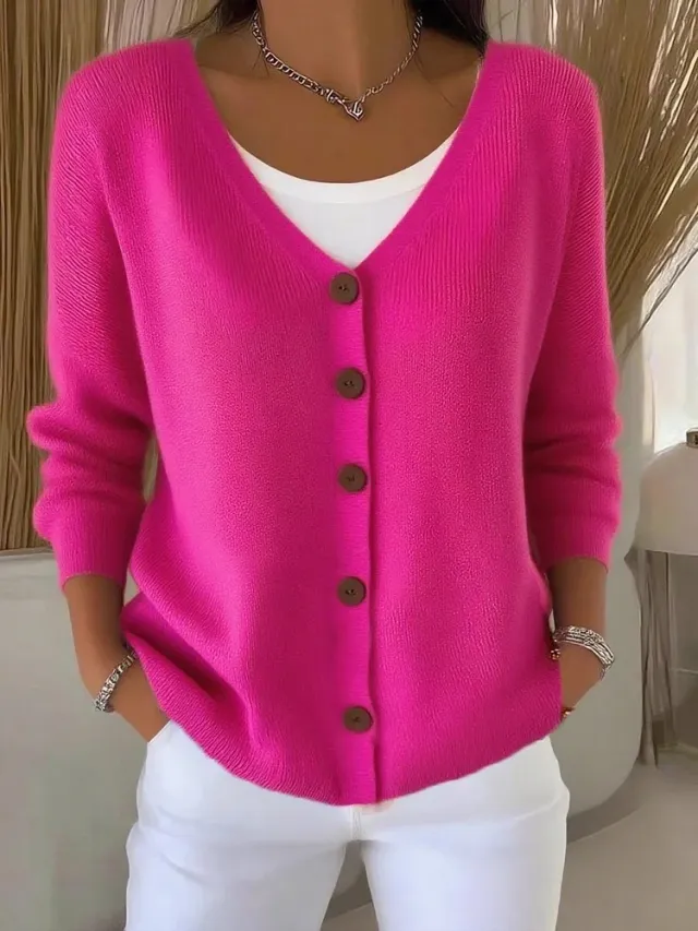 Women's Clothes Solid Color Knitted Button Cardigan Sweater Rose Red - Shop at LoveMi