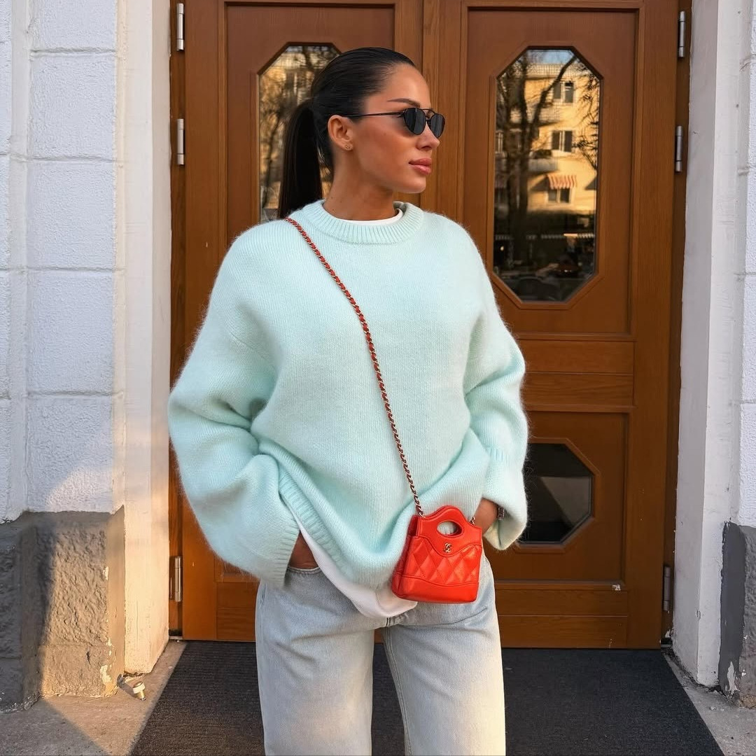 Womens Crew-neck Faux Mink Sweater