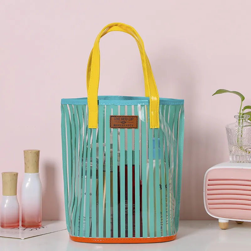 Striped Handbag Wash Bag Girl Heart Transparent Portable Large Capacity - Green