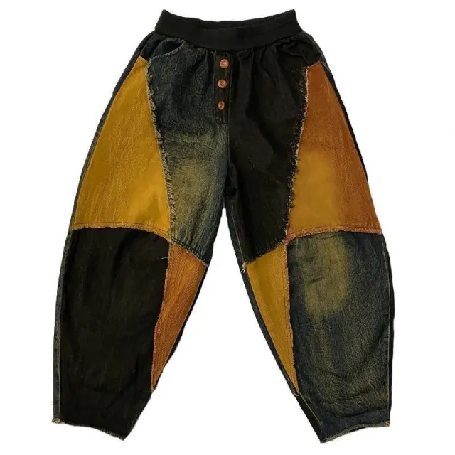 New Personalized Breasted Frayed Color Block Denim Harem Pants Loose Slimming Women Main Picture L - Shop at LoveMi