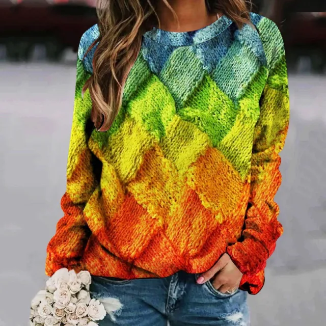 Printed Patchwork Round Neck Raglan Long Sleeve Women's Sweater Tmw1013Color 4Xl - Shop at LoveMi