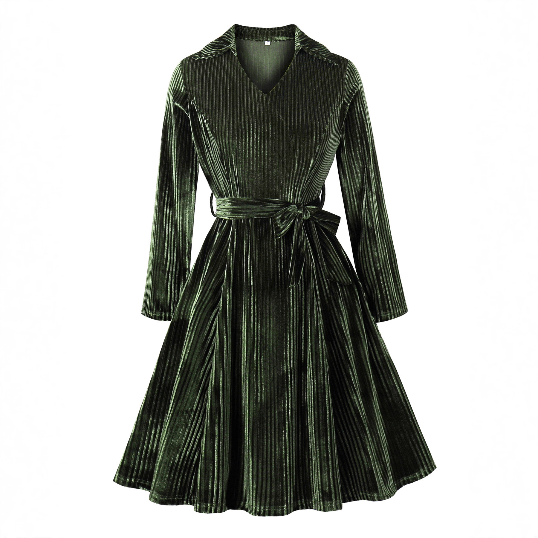 Retro Autumn And Winter Gold Velvet Temperament Long Sleeve Lace up Waist controlled Christmas Dress Green - Shop at LoveMi