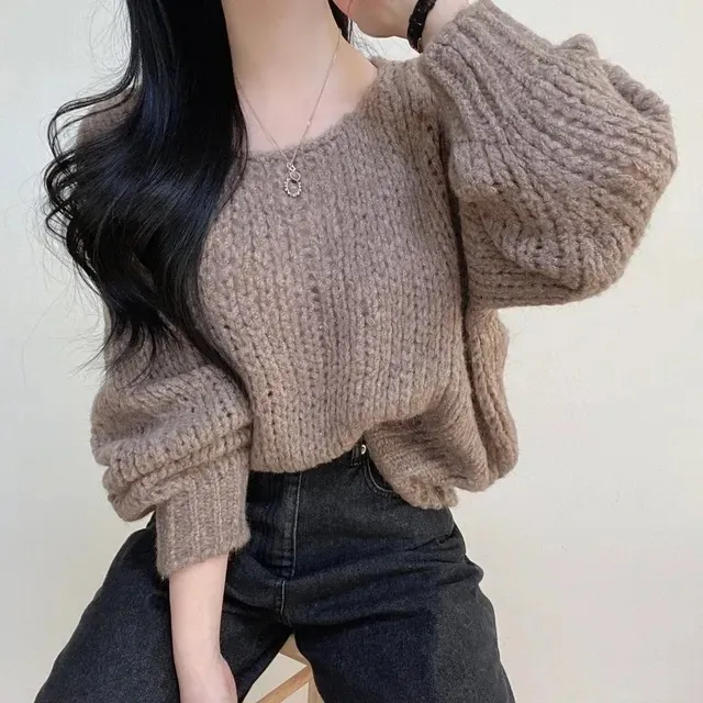 Simple Pullover Drop shoulder Sleeve Loose Thick Knit Knitwear Brown - Shop at LoveMi