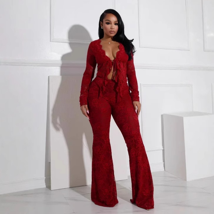 Women's Sexy Lacing Hollow Cardigan Long Sleeve Pants Two-piece Suit