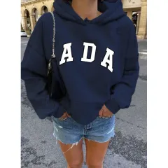 Casual And Versatile Letter Loose Hoodie With Fleece Lining For Women - Blue - View 1