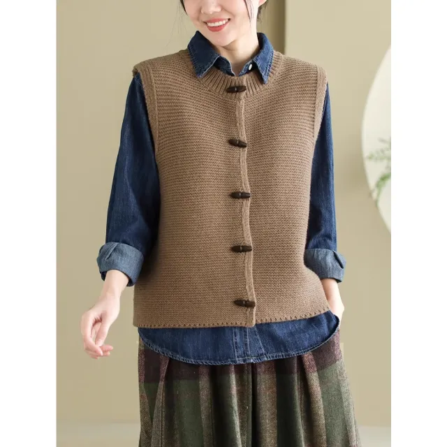 Women's Sleeveless Round Neck Horn Button Top Light Brown - Shop at LoveMi