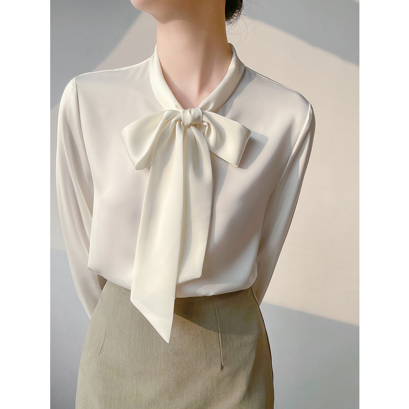 High-grade Satin Professional Commute Bow Shirt With Ribbon Women - Image 2