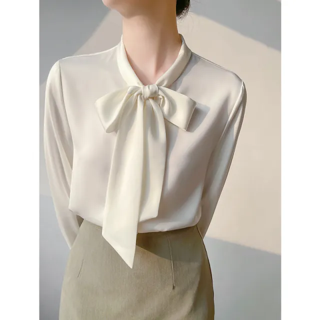 High grade Satin Professional Commute Bow Shirt With Ribbon Women Pearl White - Shop at LoveMi