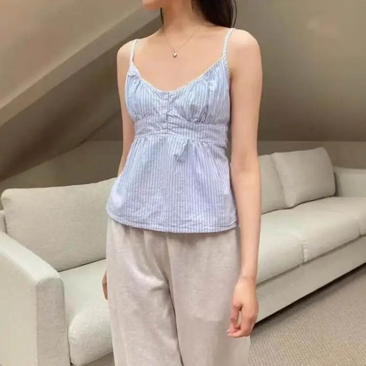 Blue And White Striped Lace V-neck Lace-up Camisole