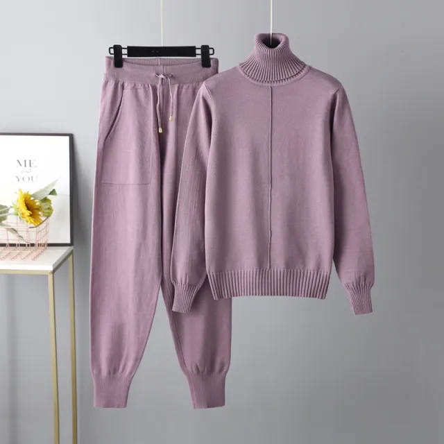 Casual Fashion Set autumn And Winter Cross border European And American Turtleneck Solid Color Sweaters Two piece Set Purple - Shop at LoveMi