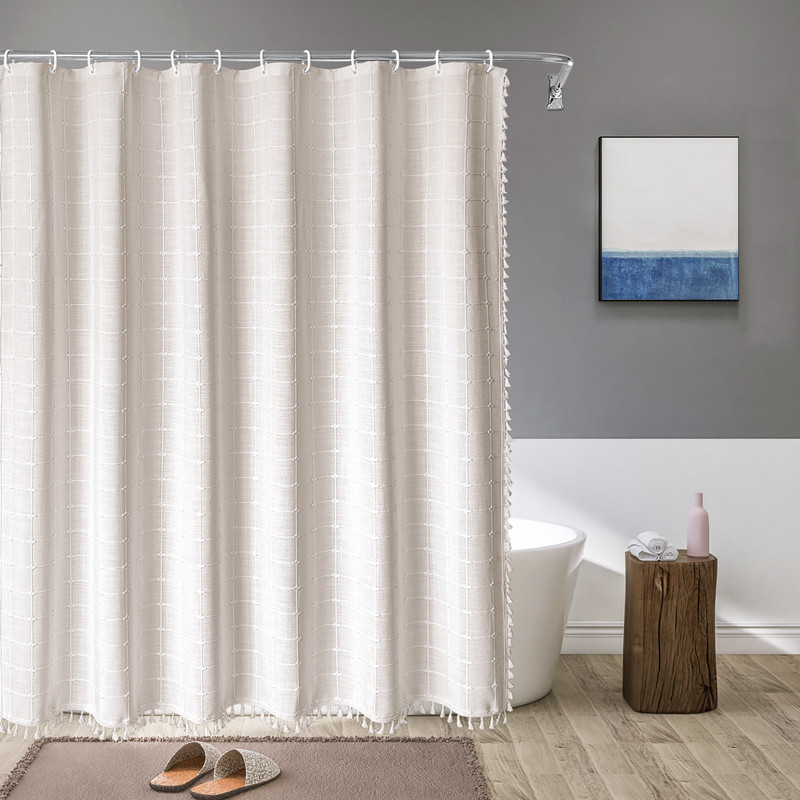 Tencel-linen Checkered Tassel Bathroom Checkered Partition Curtain Waterproof Shower Curtain