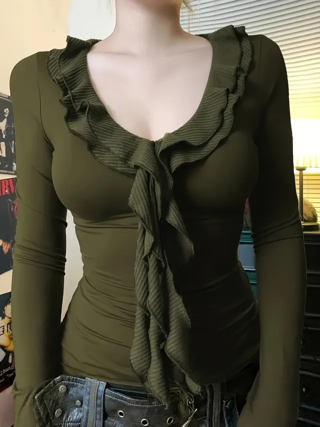 Women's Vintage Ruffled Tight Long sleeved Sweater Army Green - Shop at LoveMi
