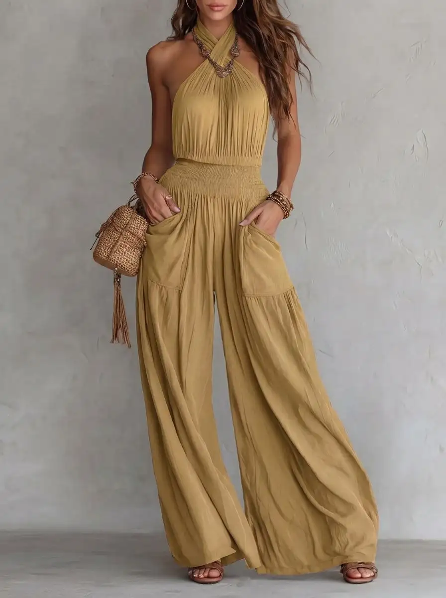 Womens Slim-fit Backless Sleeveless Wide-leg Jumpsuit