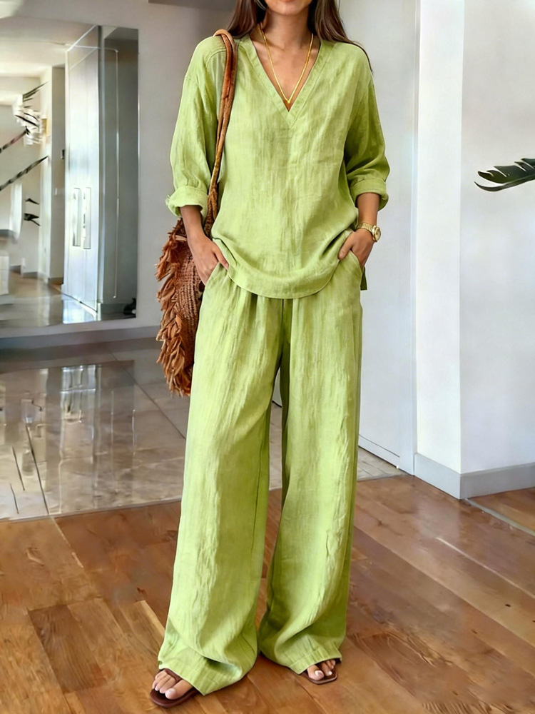 Emerald green long sleeve top and full-length pants two-piece set – solid color elegant casual women's fashion