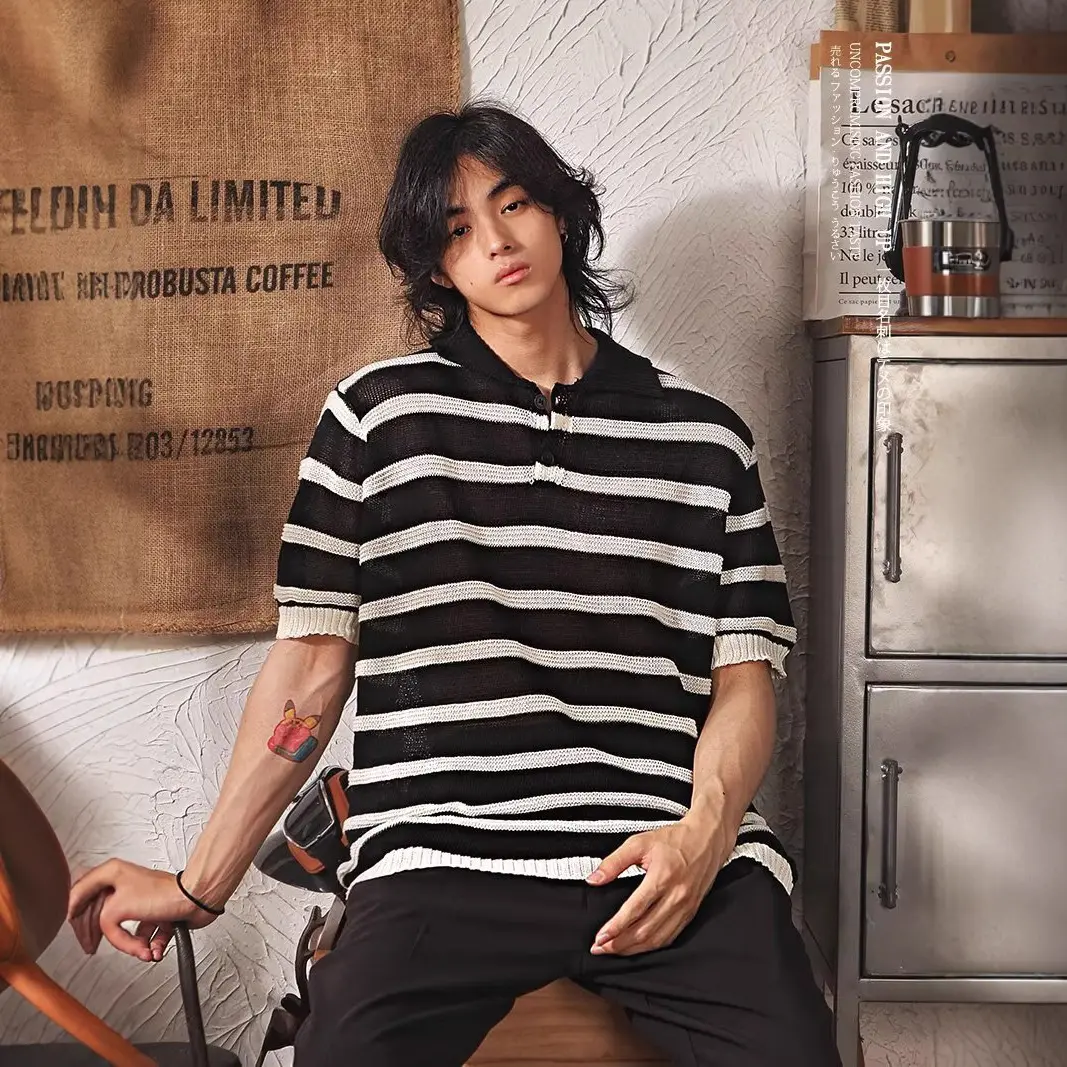 Men's Short-sleeved Loose Versatile Casual Lapel Stripe