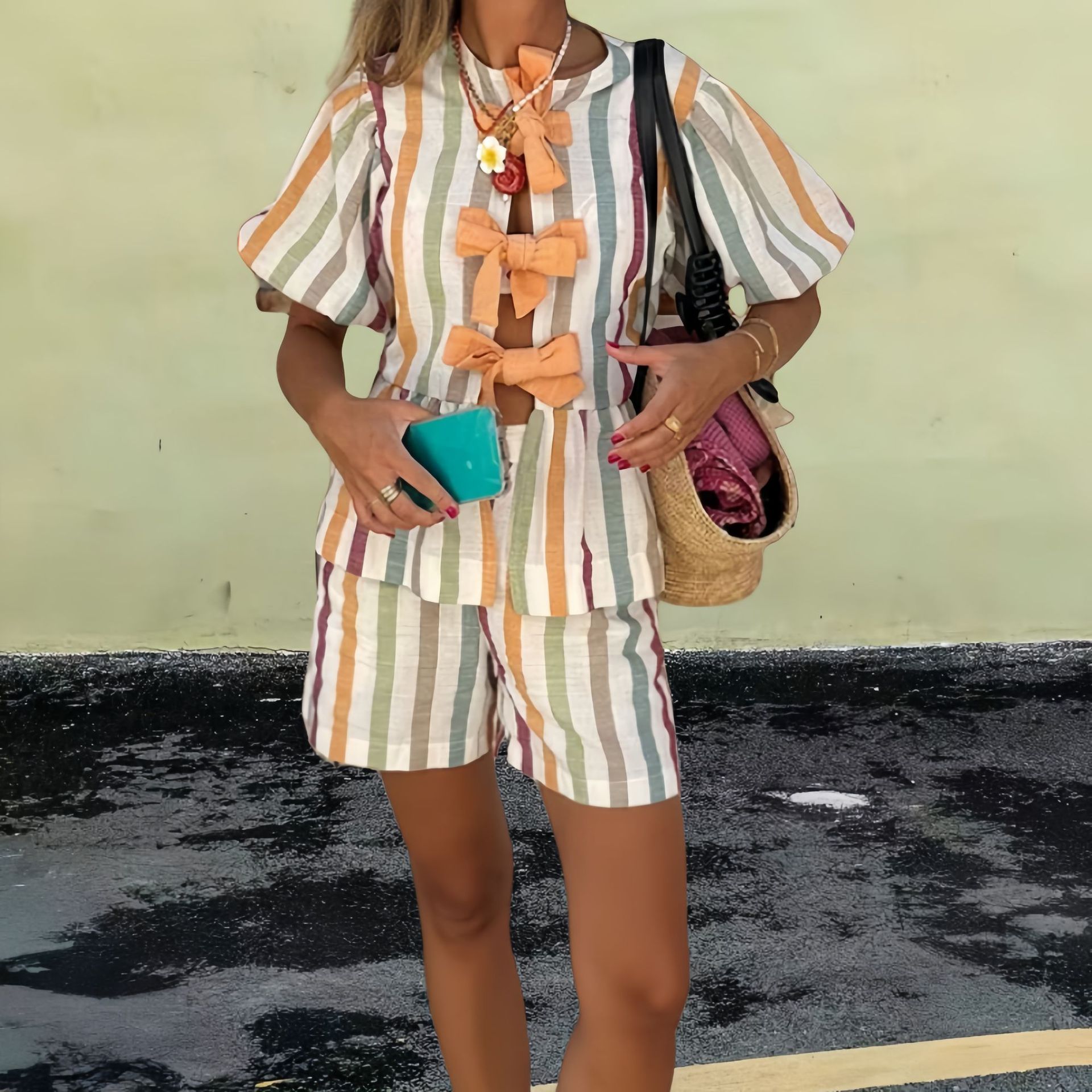 Fashion Casual Striped Shorts Top Suit Women