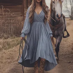 Retro Solid Color High Waist Long Sleeves Cotton And Linen Dress - Gray - View 1