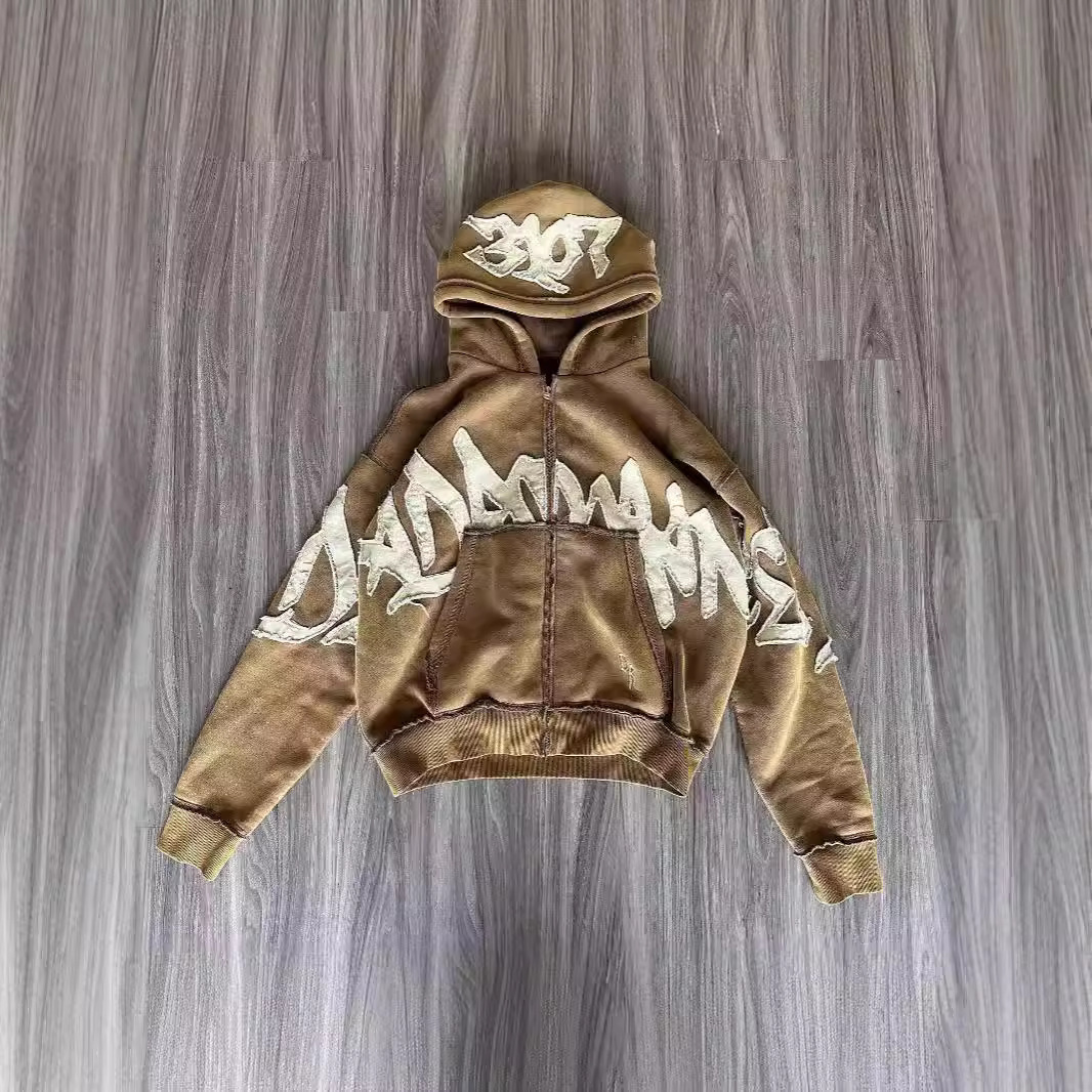 Hooded 3D Letter Print Loose Zip-Up Sweatshirt