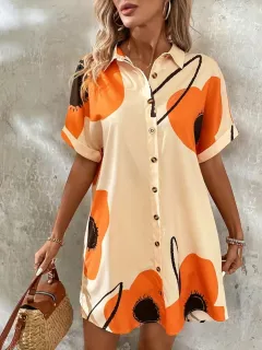 Women's Printed Casual Shirt Dress - Orange Red - View 1