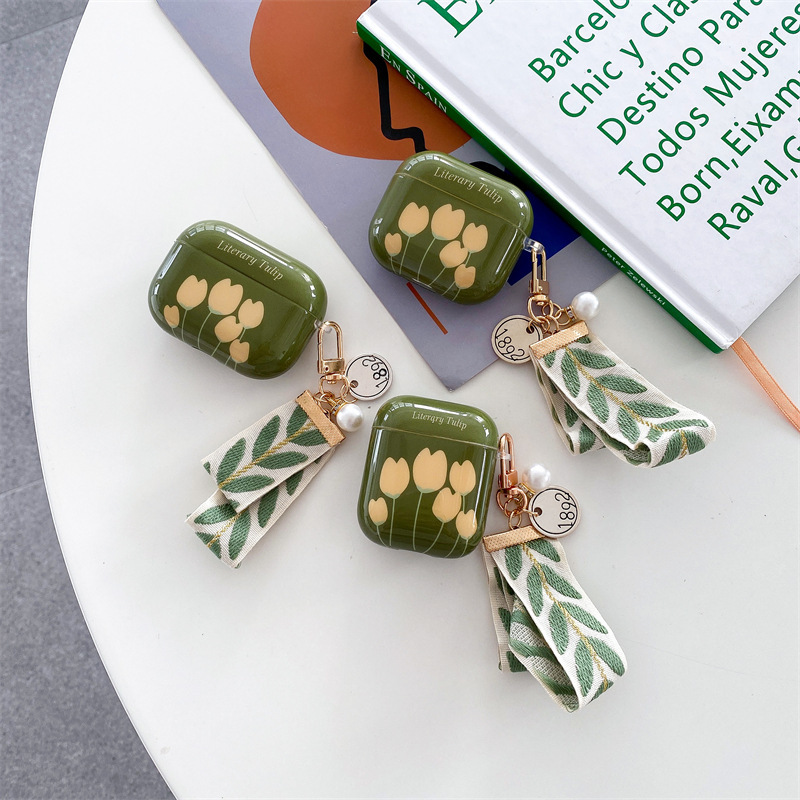 Retro Green Tulip Bluetooth Wireless Earphone Case Pendant Soft Case - Image 5